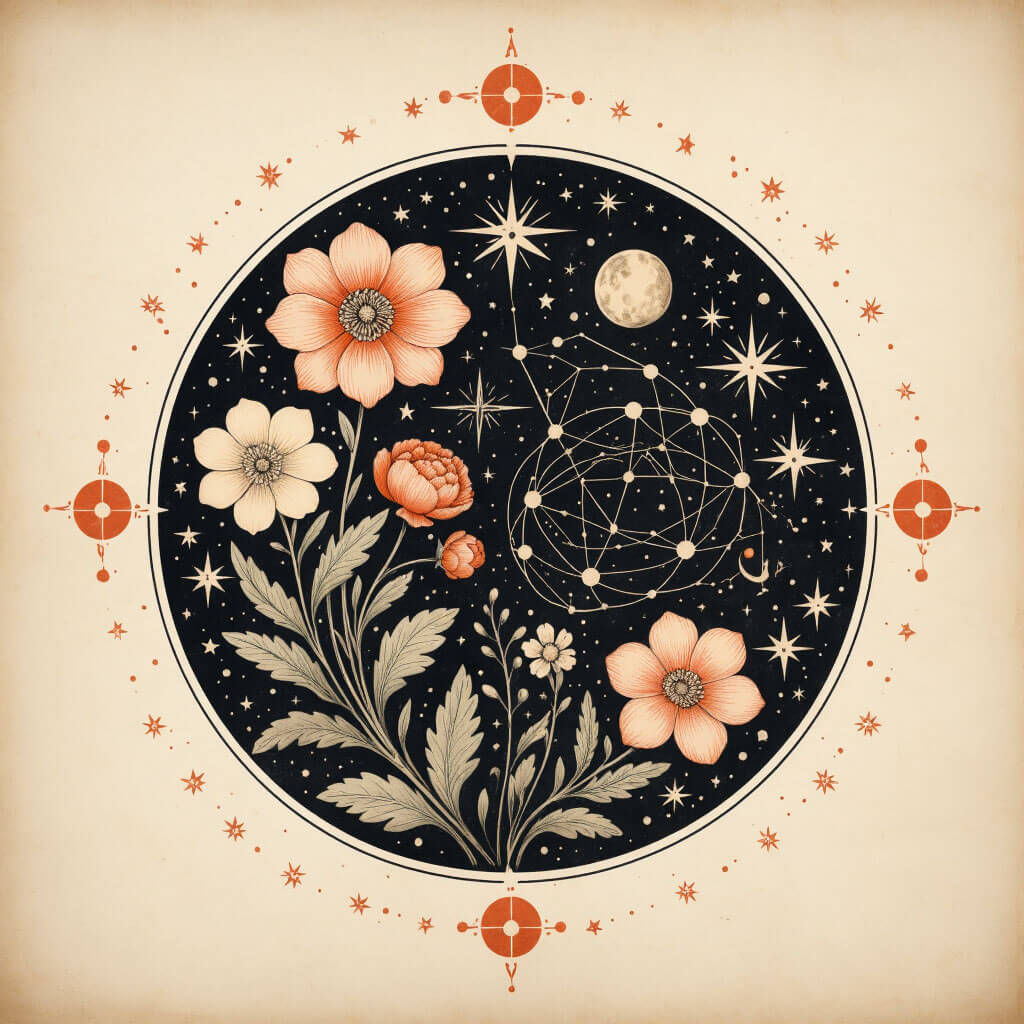 Vintage ilustrace jarních a letních souhvězdí s květinovými motivy a planetárními symboly na starém papíře, terakotové akcenty pro duben až červen