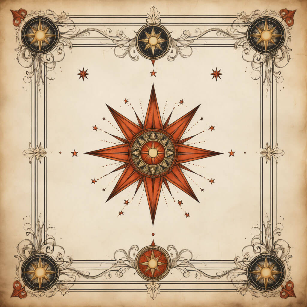 Vintage ilustrace tarotové karty Hvězda (XVII) s detailními symboly vody, hvězd a postavy na textuře starého papíru s terakotovými detaily a ručně kreslenými ornamenty v bohemian stylu